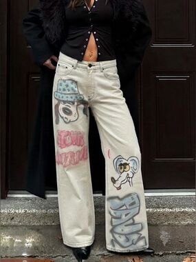 Rare Bershka 90s Wide Graffiti Denim Jeans NWT Size 36 US